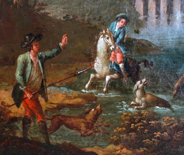 Ecole Française du XVIIIe siècle, scène de chasse à courre - le Bât l'Eau - HST 90cm x 74cm
