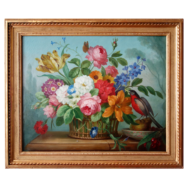 Ecole française du XIXe siècle, tableau de fleurs à la perruche - style Louis XVI