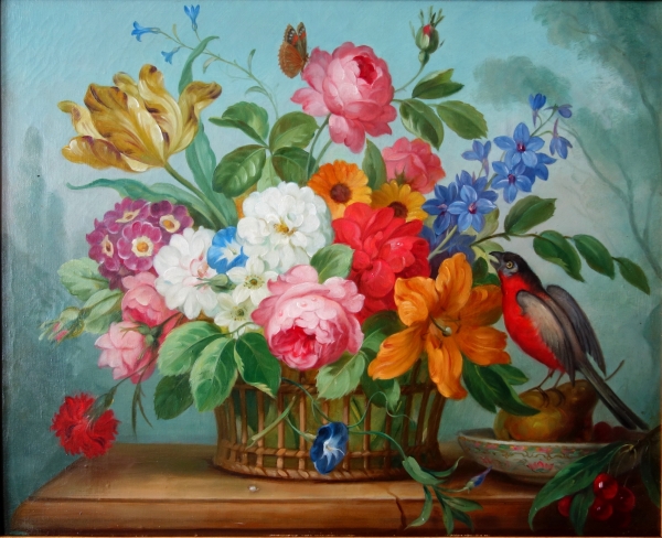 Ecole française du XIXe siècle, tableau de fleurs à la perruche - style Louis XVI