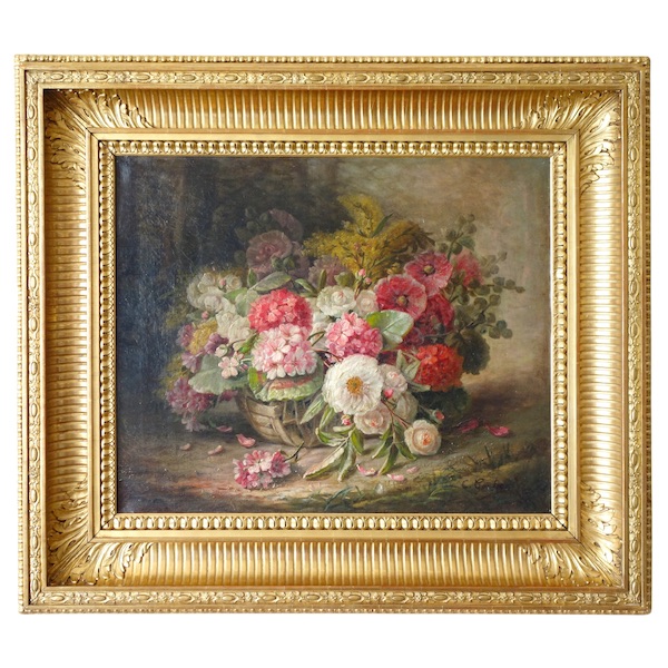 Grande huile sur toile, tableau de fleurs par Clément Gontier vers 1900 - 96,5cm x 77cm