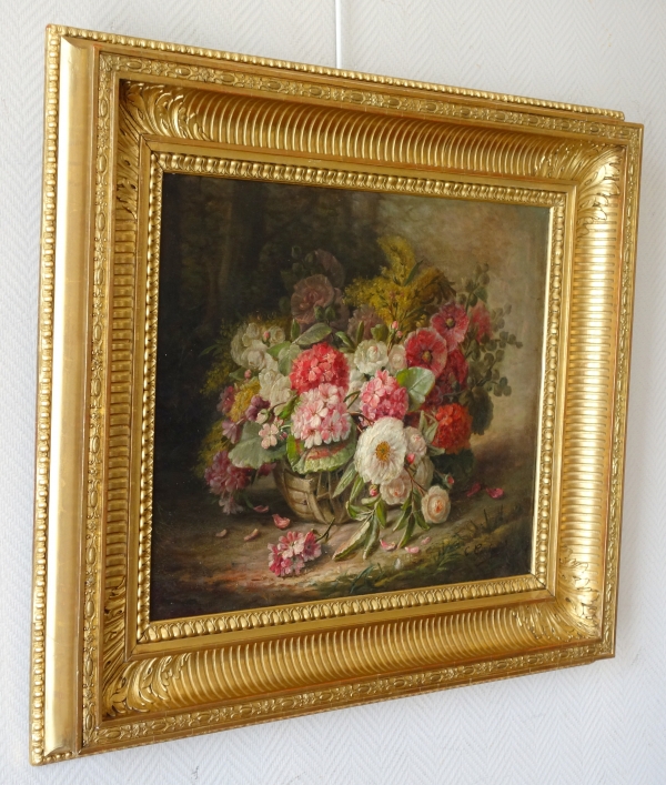 Grande huile sur toile, tableau de fleurs par Clément Gontier vers 1900 - 96,5cm x 77cm