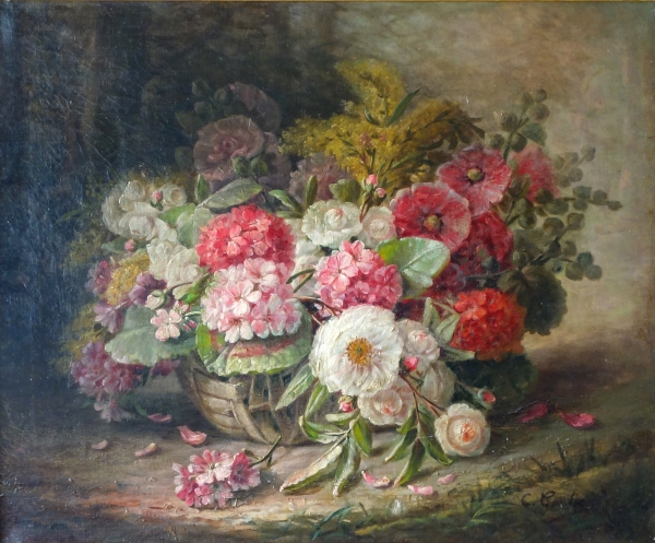 Grande huile sur toile, tableau de fleurs par Clément Gontier vers 1900 - 96,5cm x 77cm