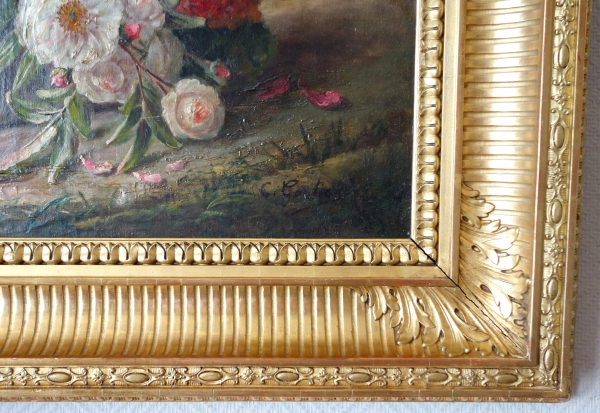 Grande huile sur toile, tableau de fleurs par Clément Gontier vers 1900 - 96,5cm x 77cm