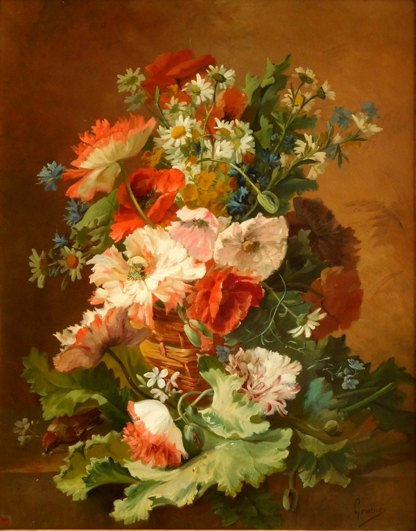 Grande huile sur toile, tableau de fleurs par Clément Gontier, vers 1900 - 91cm x 108cm