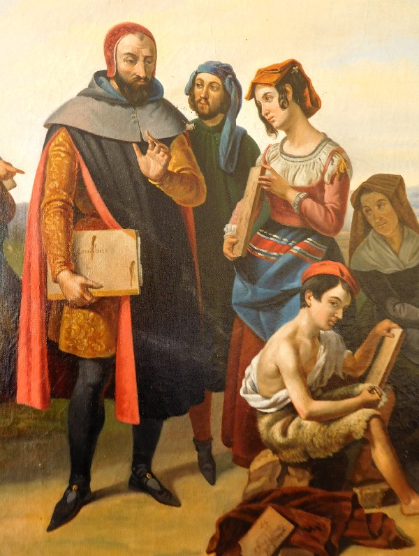 Ecole du XIXe siècle, grande huile sur toile : Cimabue et Giotto ou l'enfance de Giotto