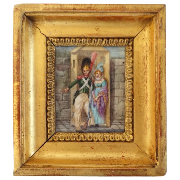 Tableau miniature - le grenadier sentinelle et la belle - gouache, début XIXe siècle