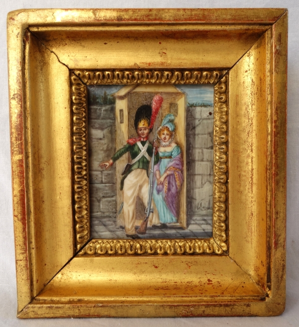 Tableau miniature - le grenadier sentinelle et la belle - gouache, début XIXe siècle