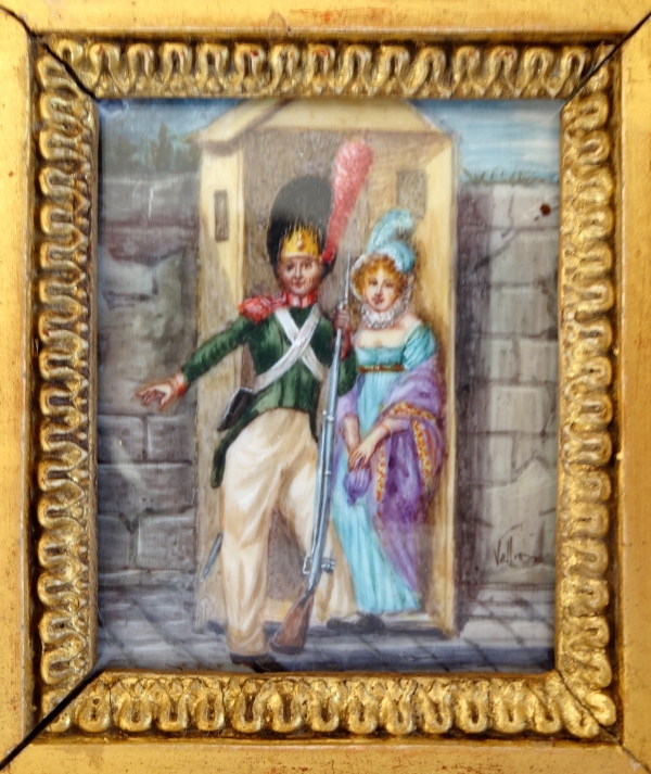 Tableau miniature - le grenadier sentinelle et la belle - gouache, début XIXe siècle