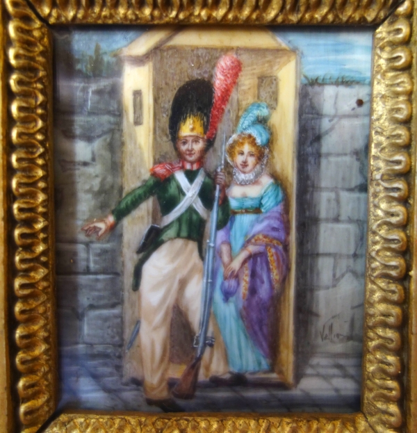 Tableau miniature - le grenadier sentinelle et la belle - gouache, début XIXe siècle