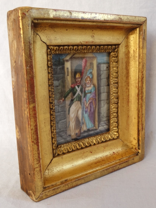Tableau miniature - le grenadier sentinelle et la belle - gouache, début XIXe siècle