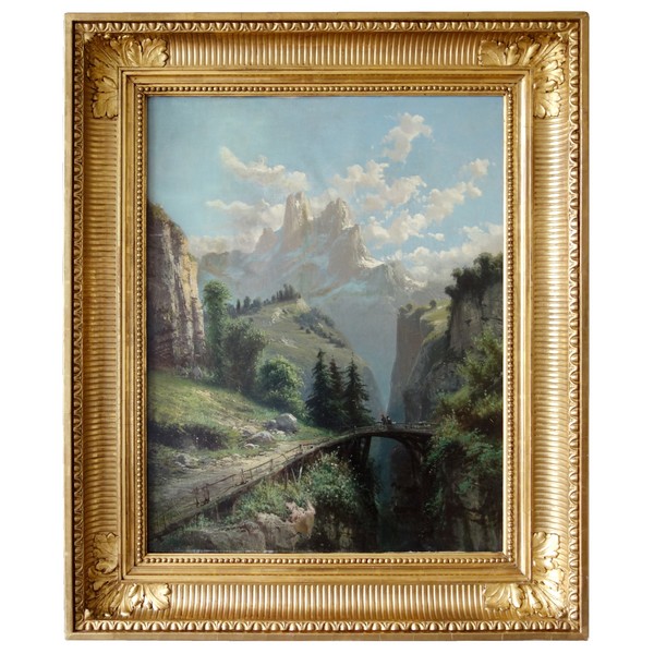 Alfred Godchaux : tall oil on canvas, mountain landscape - 88,5cm x 106cm