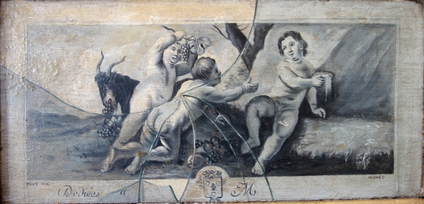 CF Nivard : tableau trompe l'oeil à la vitre cassée, huile sur panneau XVIIIe siècle - 48,5cm x 27,5cm