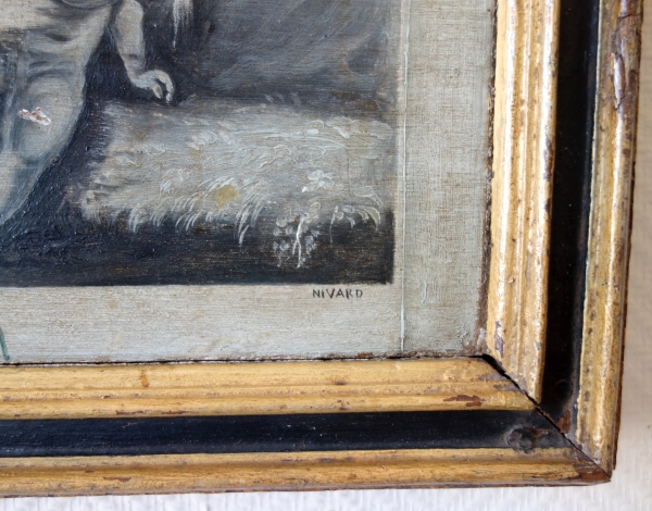 CF Nivard : tableau trompe l'oeil à la vitre cassée, huile sur panneau XVIIIe siècle - 48,5cm x 27,5cm