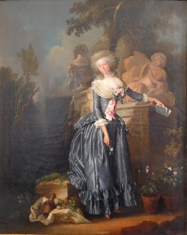 Henri-Nicolas Van Gorp : portrait de jeune femme dans un parc, époque Louis XVI