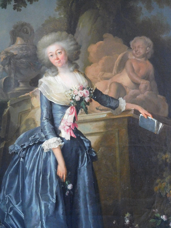 Henri-Nicolas Van Gorp : portrait de jeune femme dans un parc, époque Louis XVI