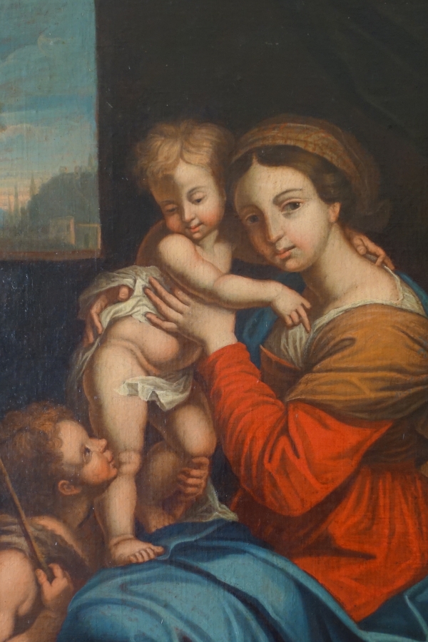 Ecole française du XVIIIe siècle - Vierge à la chaise avec l'Enfant Jésus d'après Raphaël - 89cm x 101cm