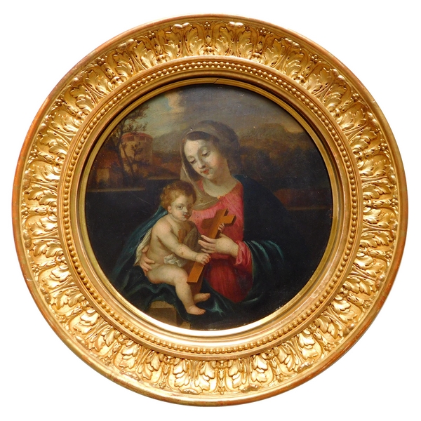 17th or 18th century school : Virgin and Child, oil on panel set into a circular gilt wood frame