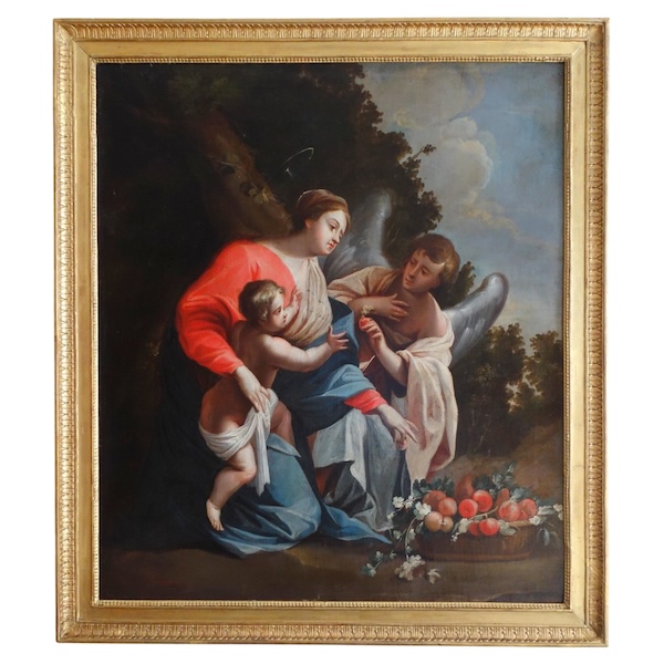 Grand tableau XVIIIe : la Vierge et l'Enfant servis par un ange d'après S. Vouet : 110cm x 125cm