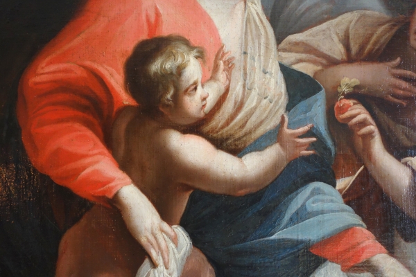 Grand tableau XVIIIe : la Vierge et l'Enfant servis par un ange d'après S. Vouet : 110cm x 125cm