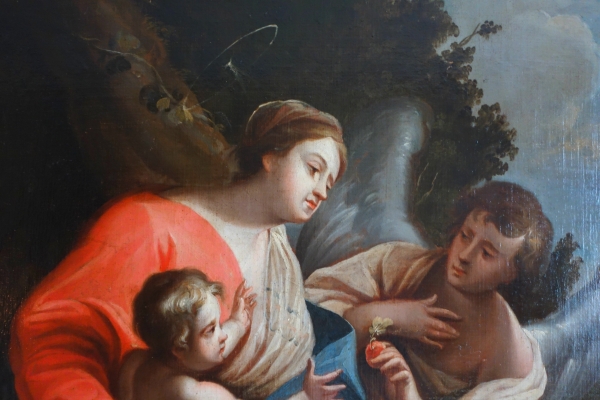Grand tableau XVIIIe : la Vierge et l'Enfant servis par un ange d'après S. Vouet : 110cm x 125cm