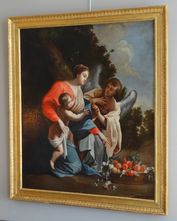 Grand tableau XVIIIe : la Vierge et l'Enfant servis par un ange d'après S. Vouet : 110cm x 125cm