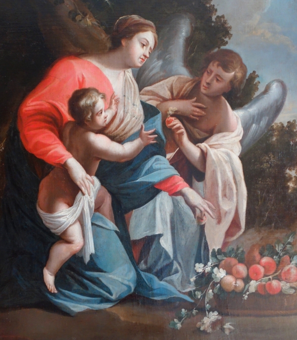 Grand tableau XVIIIe : la Vierge et l'Enfant servis par un ange d'après S. Vouet : 110cm x 125cm
