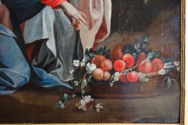 Grand tableau XVIIIe : la Vierge et l'Enfant servis par un ange d'après S. Vouet : 110cm x 125cm