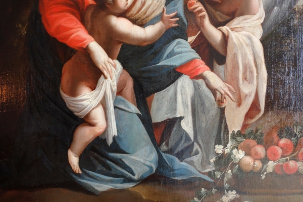 Grand tableau XVIIIe : la Vierge et l'Enfant servis par un ange d'après S. Vouet : 110cm x 125cm