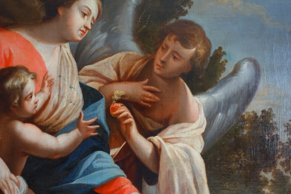 Grand tableau XVIIIe : la Vierge et l'Enfant servis par un ange d'après S. Vouet : 110cm x 125cm