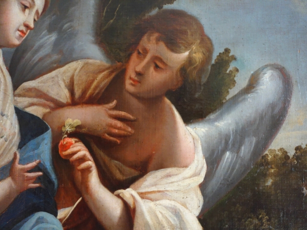 Grand tableau XVIIIe : la Vierge et l'Enfant servis par un ange d'après S. Vouet : 110cm x 125cm