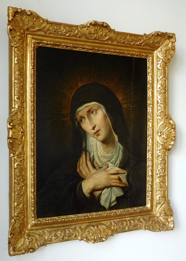 Ecole Flamande du XVIIe siècle (Anvers), portrait de la Vierge, marque au feu à la main