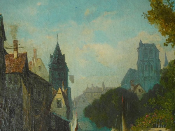 Grande huile sur toile, XIXe siècle : vue de la ville de Bruges