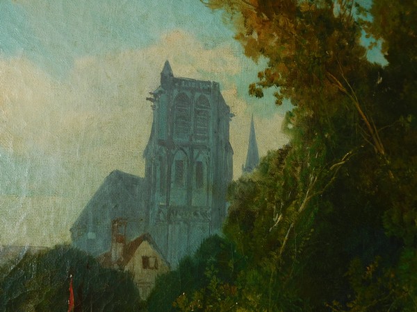 Grande huile sur toile, XIXe siècle : vue de la ville de Bruges