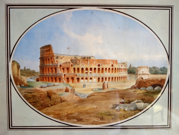 Victor-Jean Nicolle : vue du Colisée à Rome - dessin à l'aquarelle fin XVIIIe siècle