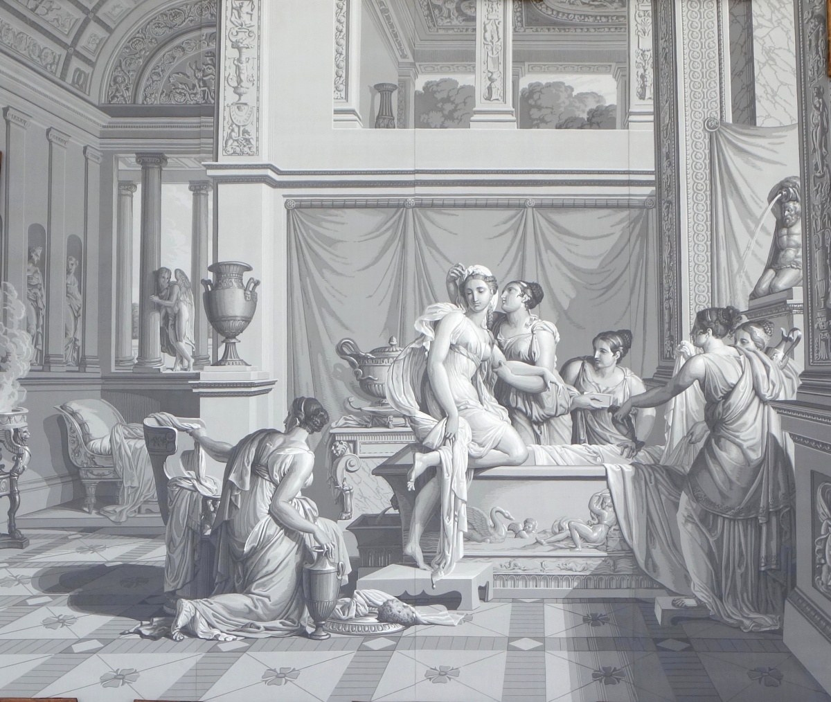 Détail — Psyché au Bain, papier peint panoramique Empire à l'antique, réédition modèle de Dufour de 1815