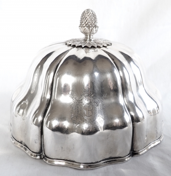 Detail — Christofle : silverplate cover plate / cloche engraved with imperial coat of arms, Napoleon III period