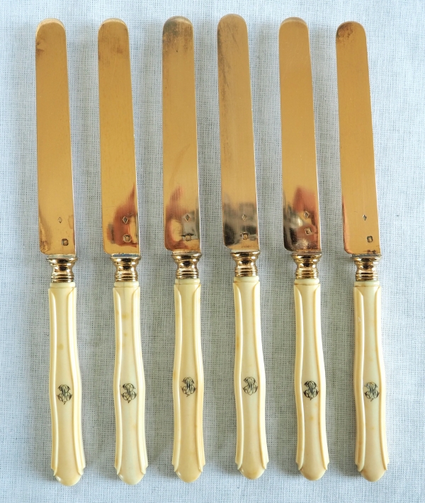 Detail — 6 Napoleon III fruit knives, vermeil blade, ivory handle - circa 1870