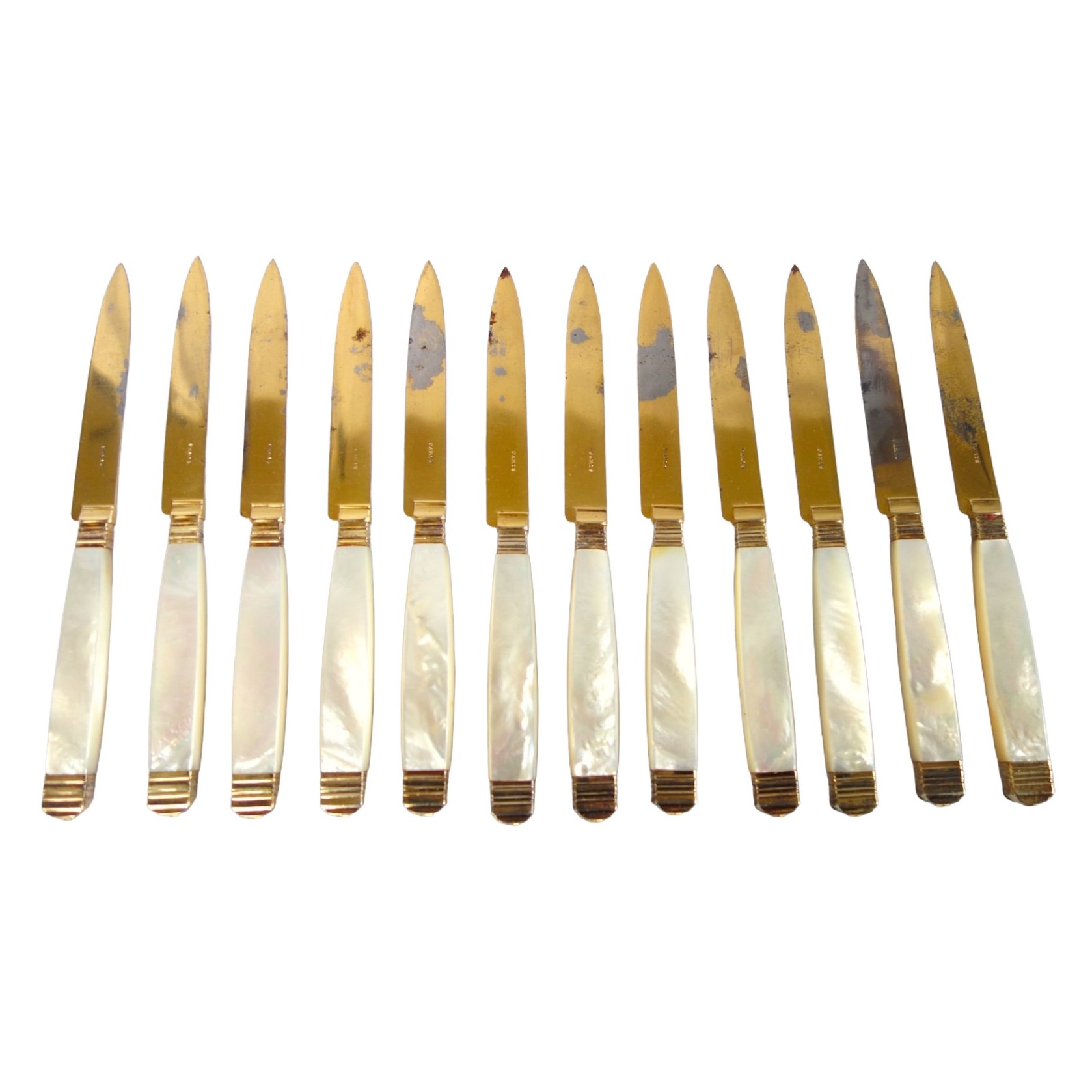Set of 12 mother of pearl and vermeil cheese knives