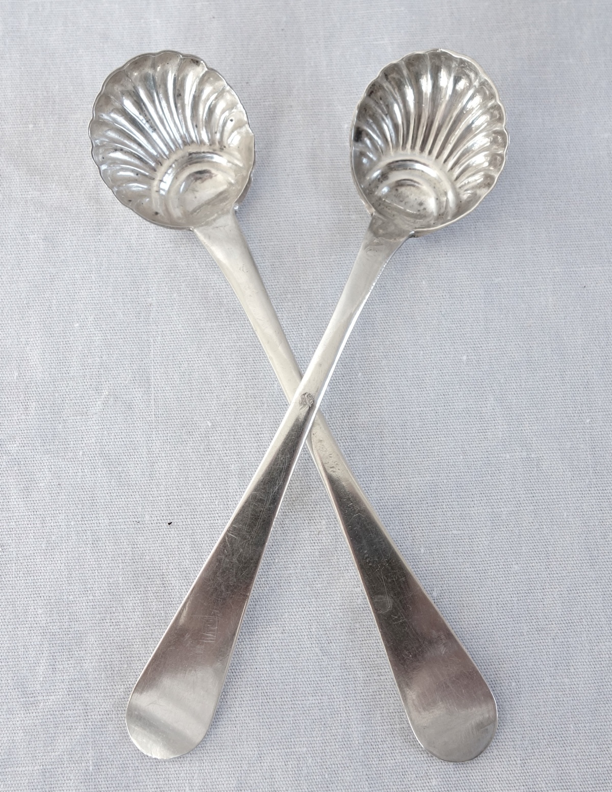 Detail — Pair of mustard sterling silver spoons for mustard pots, early 19th century