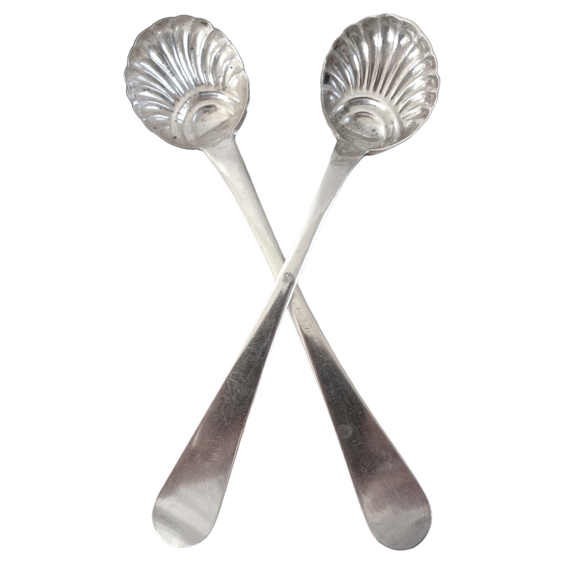 Pair of mustard sterling silver spoons for mustard pots, early 19th century