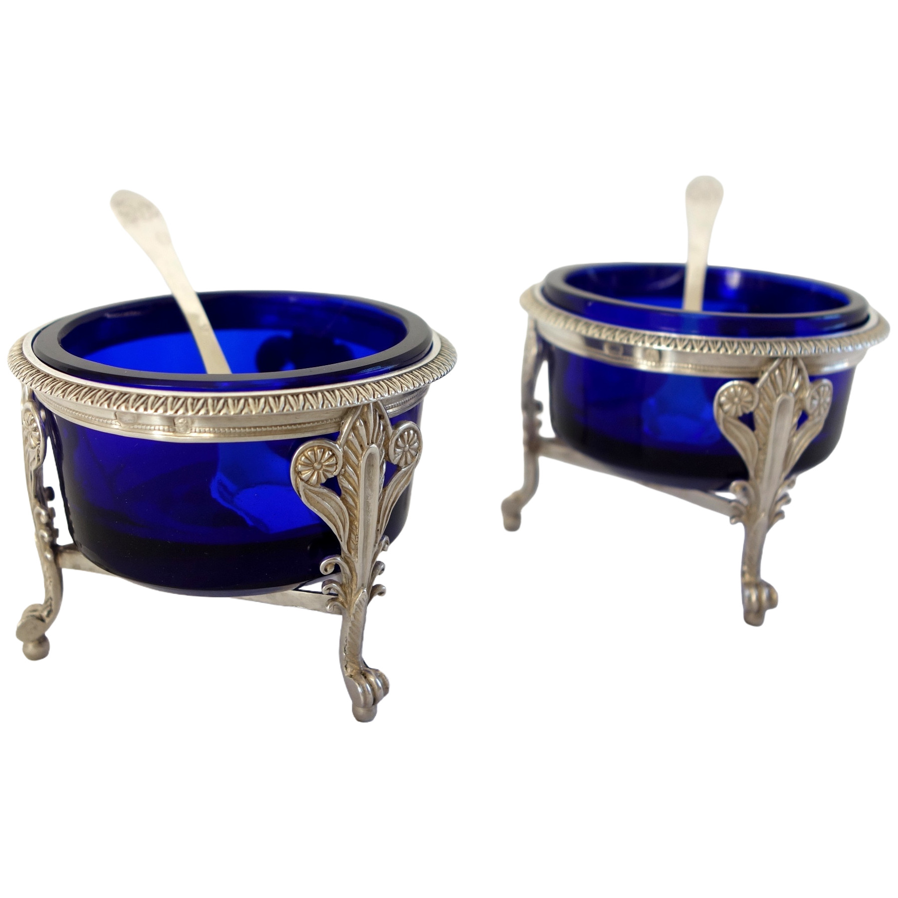 Paire de salerons / salières Empire en argent massif et cristal bleu - poinçon 2e Coq