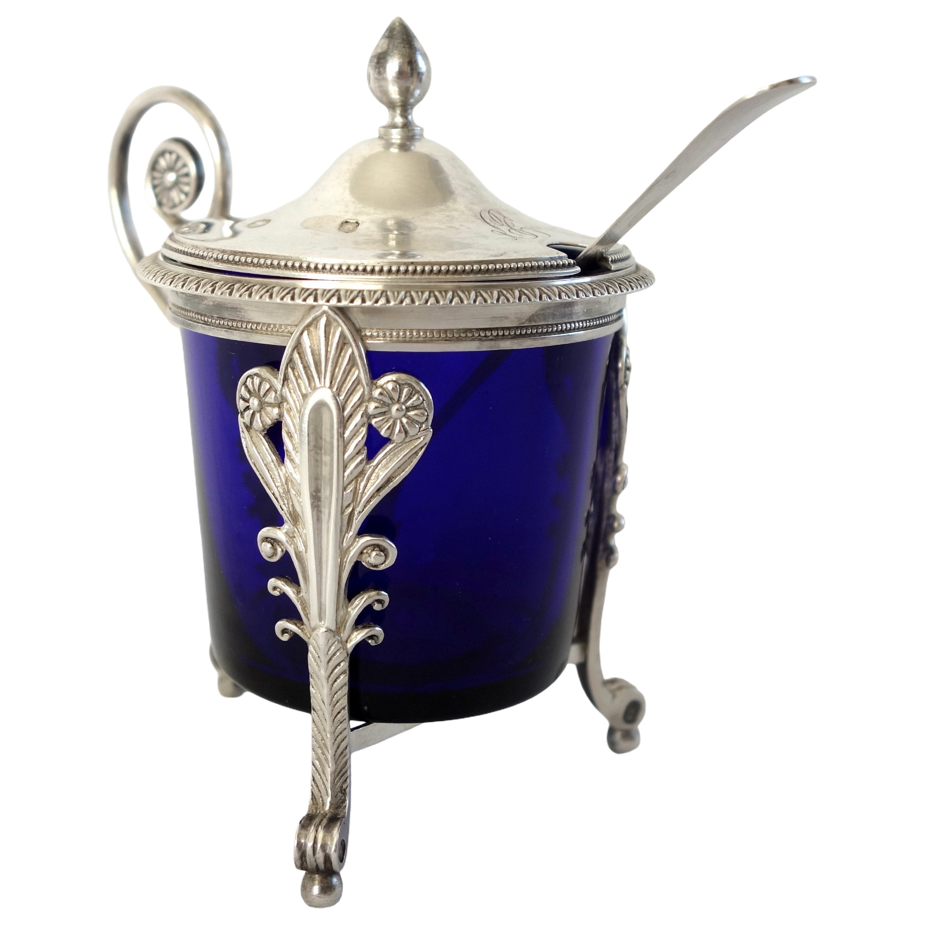 Sterling silver mustard pot and its cobalt blue crystal glass - early 19th century