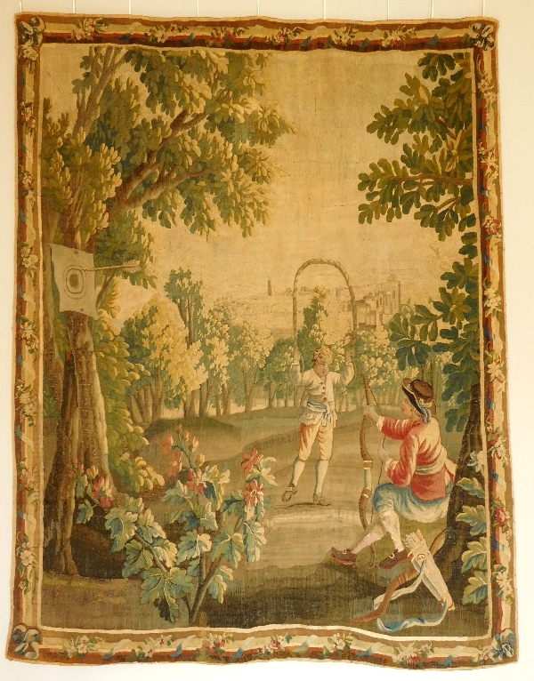 Detail — Aubusson tapestry, 18th Century, wool and silk : games in the park, Louis XVI period 160cm x 200cm