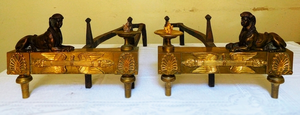 Détail — Paire de grands chenets / feux de château en bronze doré et patiné, époque Empire
