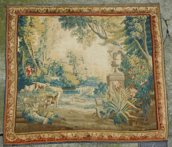 Detail — Aubusson tapestry, Louis XV period, 18th century : the goat shepherd - 255cm x 280cm