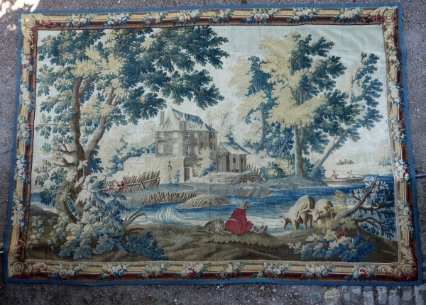 Détail — Grande tapisserie d'Aubusson polychrome d'époque Louis XVI d'après Boucher et JJ Dumons 256cm x 358cm