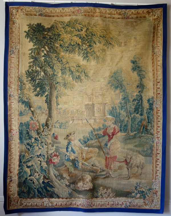 Détail — Tapisserie d'Aubusson polychrome d'époque Louis XV - XVIIIe siècle : scène pastorale - 258cm x 201cm