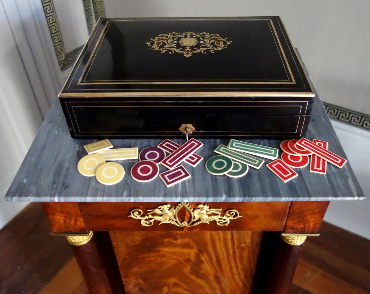 Detail — Napoleon III blackened wood, rosewood gambling box and coloured chips, Boulle marquetry