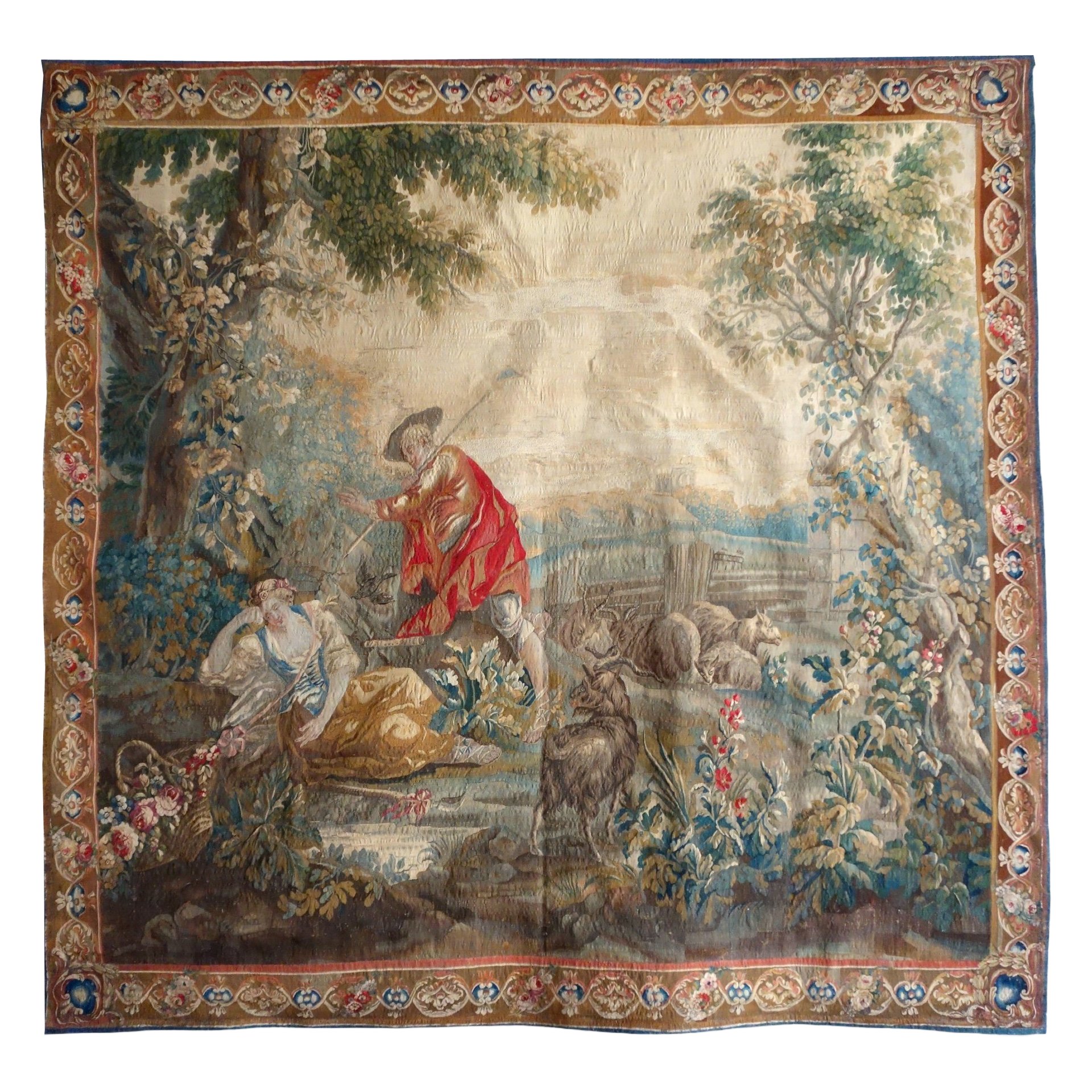 Tapisserie d'Aubusson polychrome, laine & soie, scène galante, milieu XVIIIe siècle - 248cm x 256cm
