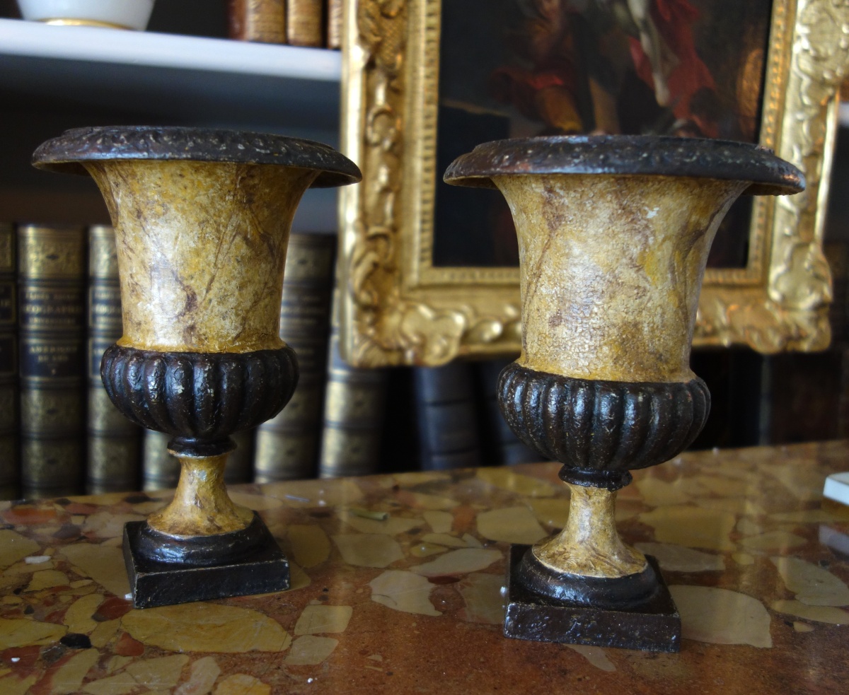 Detail — Pair of ornamental cast iron Medicis shaped vases, 19th century